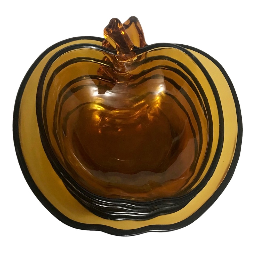 6 Vintage Amber Glass Apple Bowl Set